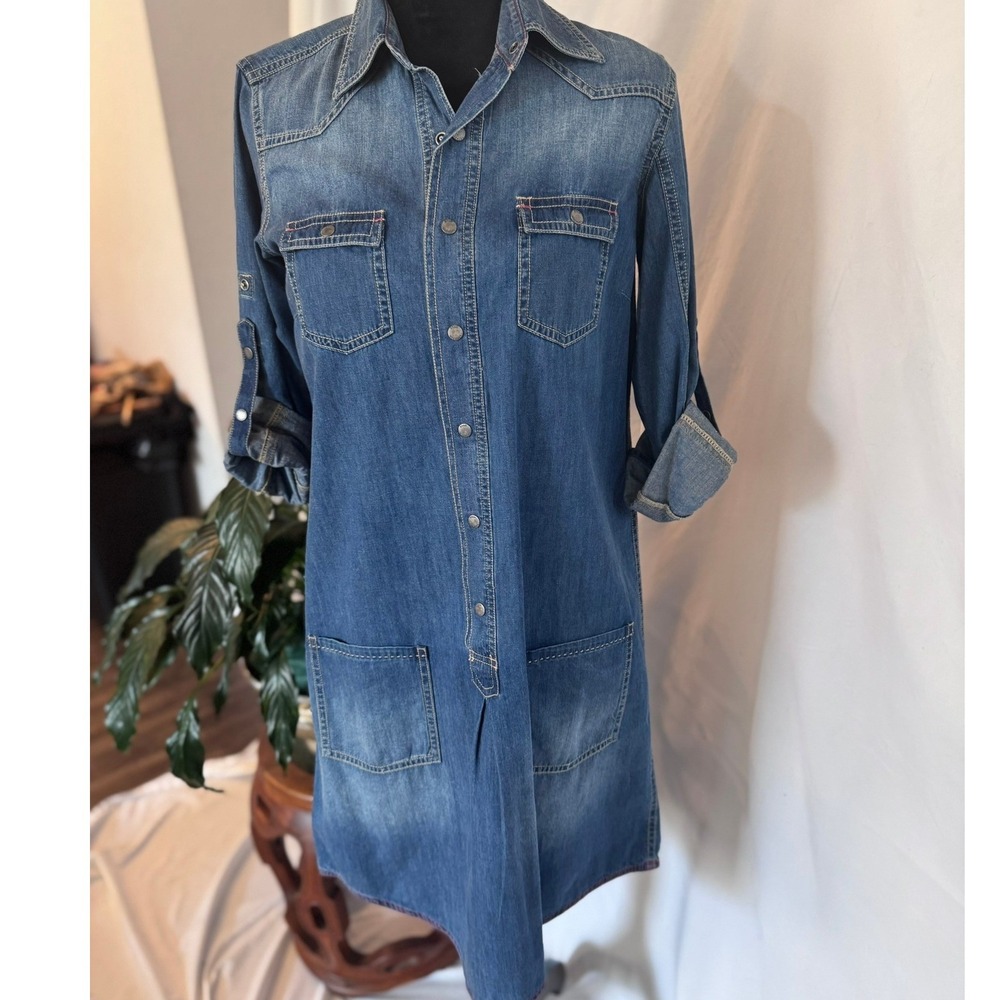 Ryan Michael Cotton Silk Denim Western‎ Shirt Dress Blue Snap Front Small
